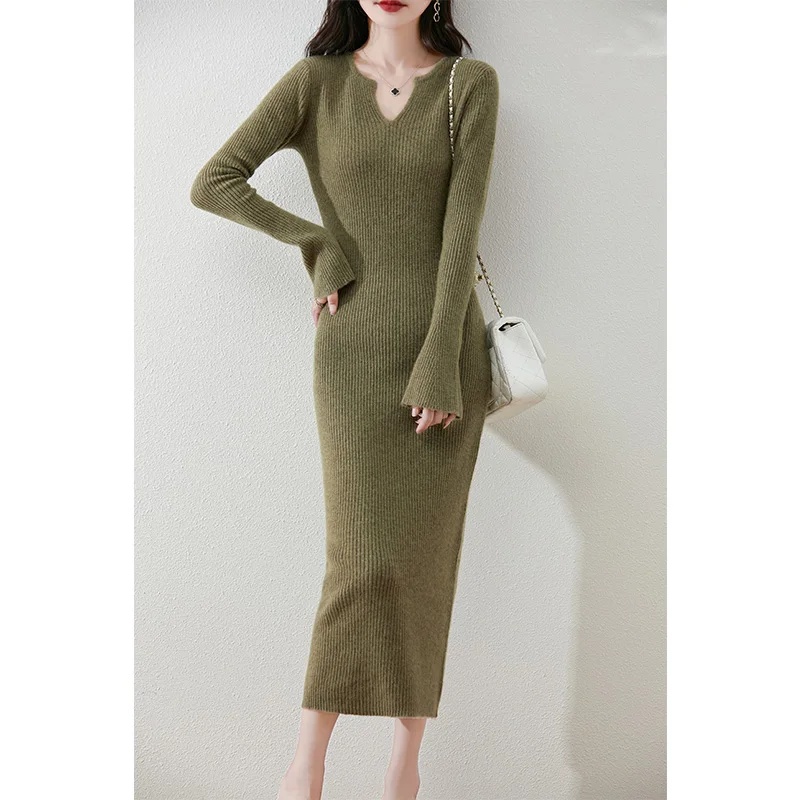 Dresses On Offer Clearance Free Shipping Women\'s Dresses 100% Wool Knitted Jumpers 2024 Winter V-neck Long Dress Pullovers