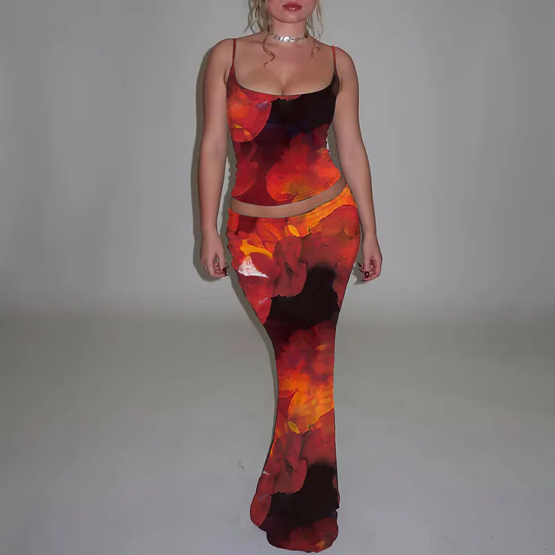 

Women'S Summer New Fashionable Printed Sexy Small Strap Slimming Skirt Set