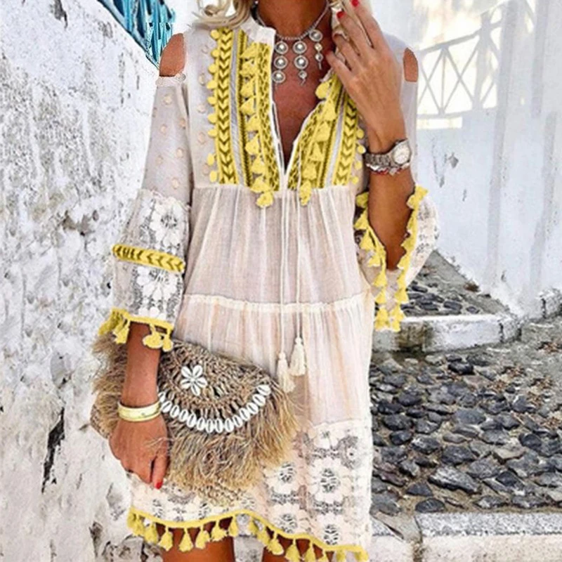 Hollow Out Dress Summer Women Casual Party Bohemian Dress Sweet V-Neck Solid Lace Tassel Mini Dress Wholesale Free Ship платье