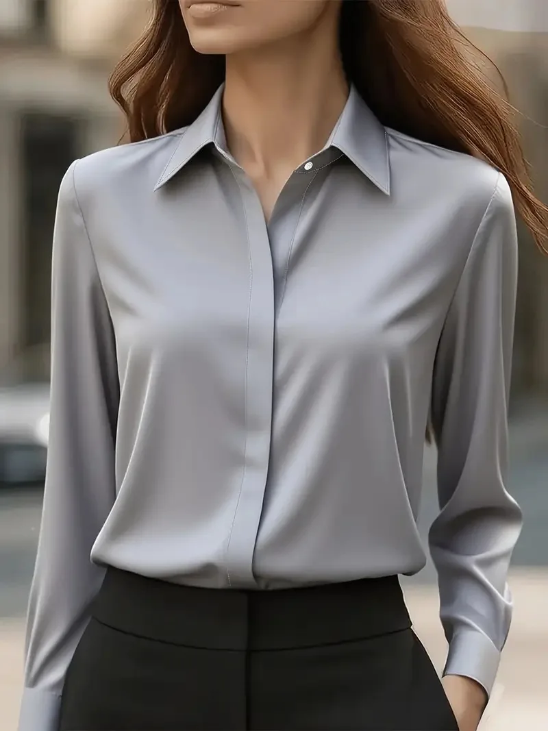 

Woman Blouse 2025 Spring Autumn Solid Color New Turn-Down Collar Long Sleeved Versatile Shirt Satin Casual Slim Fit Daily Top