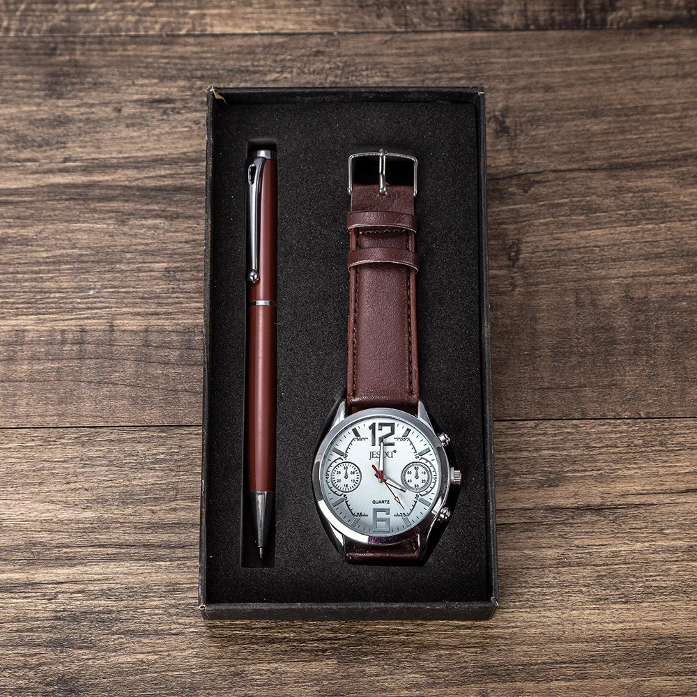 Novo 2 Pcs/Set Moda Relógio para Homens Caixa De Presente De Luxo Mens Relógios Caneta Relógio De Pulso Conjunto Masculino Relógio Pai Marido