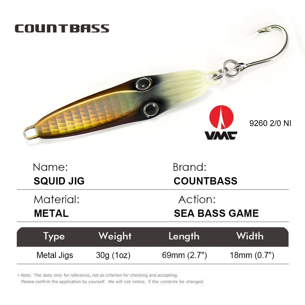 COUNTBASS 30g 1.06oz Luminous Squid Jigging Lures rigged VMC hook, Metal Fishing Lure Bass Game Snapper Jigs