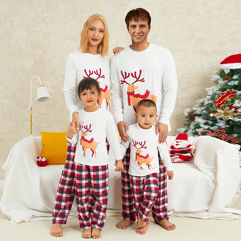 Christmas Matching Family Pajamas Elk Print Pullover Plaid Pants Solid Color Dog Clothes Triangular Scarf Jumpsuit