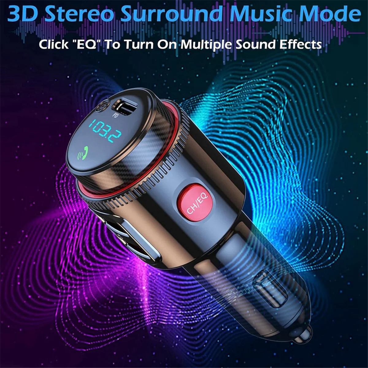 New Car Bluetooth Adapter, Wireless FM Transmitter,Dual Fast Charging, Cigarette Lighter Radio MP3 Player, HiFi Bass Sound