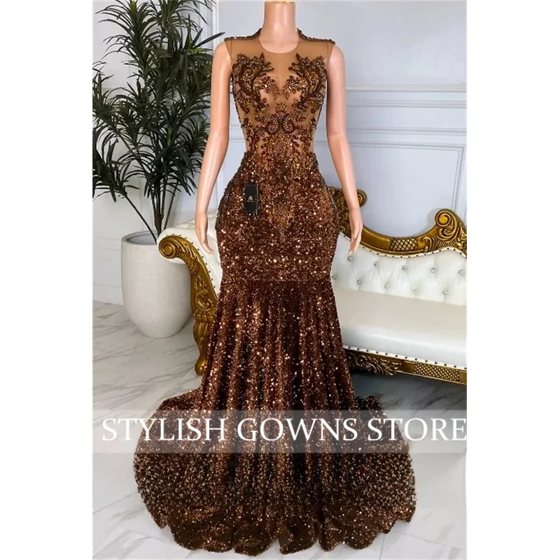 

Chocolate Brown Sequin Rhinestone Prom Dress Gems Blackgirl African Mermaid Elegant Dress For Wedding Party Gown Customized