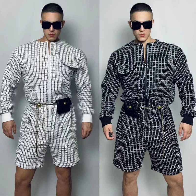 Nova boate dj ds rave outfit gogo trajes branco preto macacão jazz carga macacão masculino hip hop dança desempenho wear