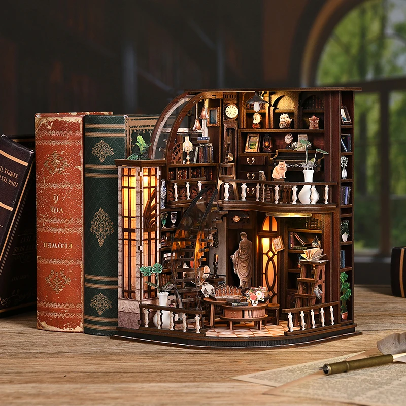 DIY Cozy Vintage Library Book Nook 3D Wooden Puzzle with Warm LED Light Large Miniature Dollhouse Bookshelf Decor Gifts