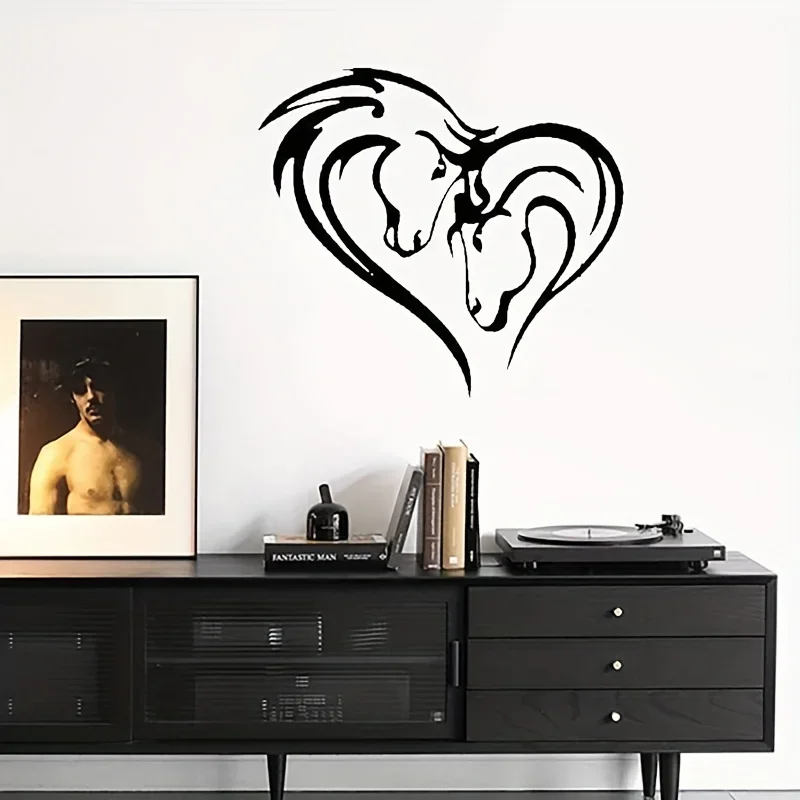 Silueta de doble cabeza de caballo, decoración artística de Metal para el hogar, caballo en forma de corazón, decoración colgante de pared de Metal negro para dormitorio y sala de estar, 1 ud.