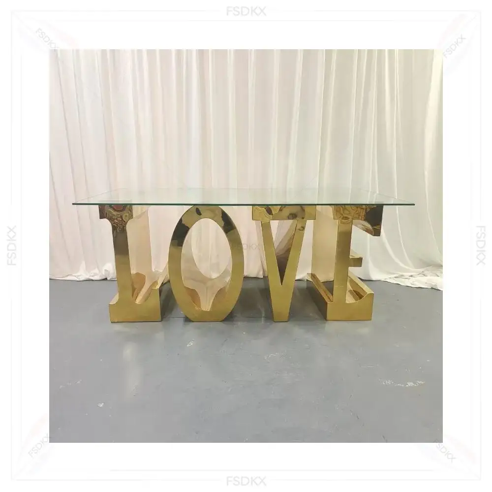 FSDKX High End Wedding Supplies Gold Stainless Steel love Base Glass Dining Tables for Weddings Event Decoration