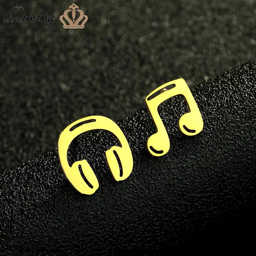 QIMING Gold Headphones Musical Note Stud Earrings Women Singer Musician Jewelry Cute Earring Music School Gift