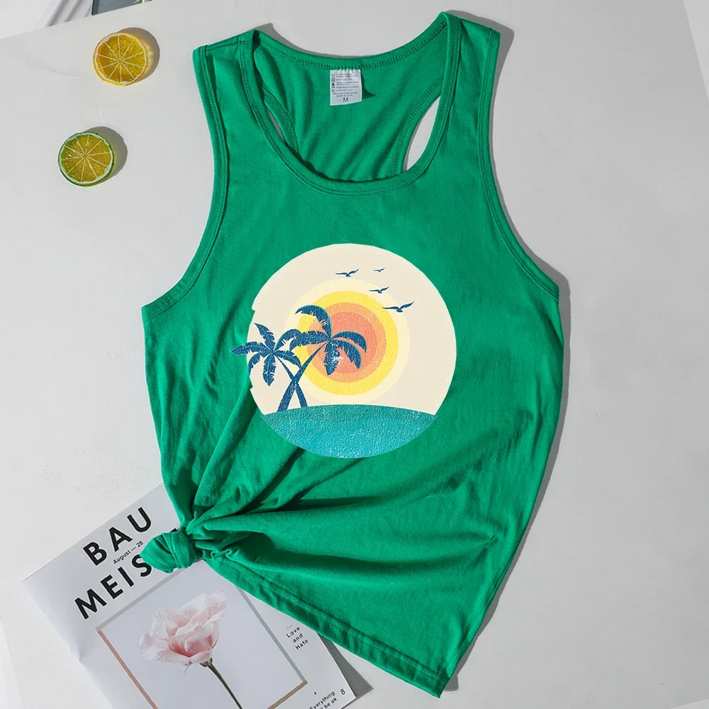 

Coconut Palm Beach Tops Hawaii Tropical Womens Clothes Print Aloha Vacation Tank Top Woman Vintage Green Tops for Women