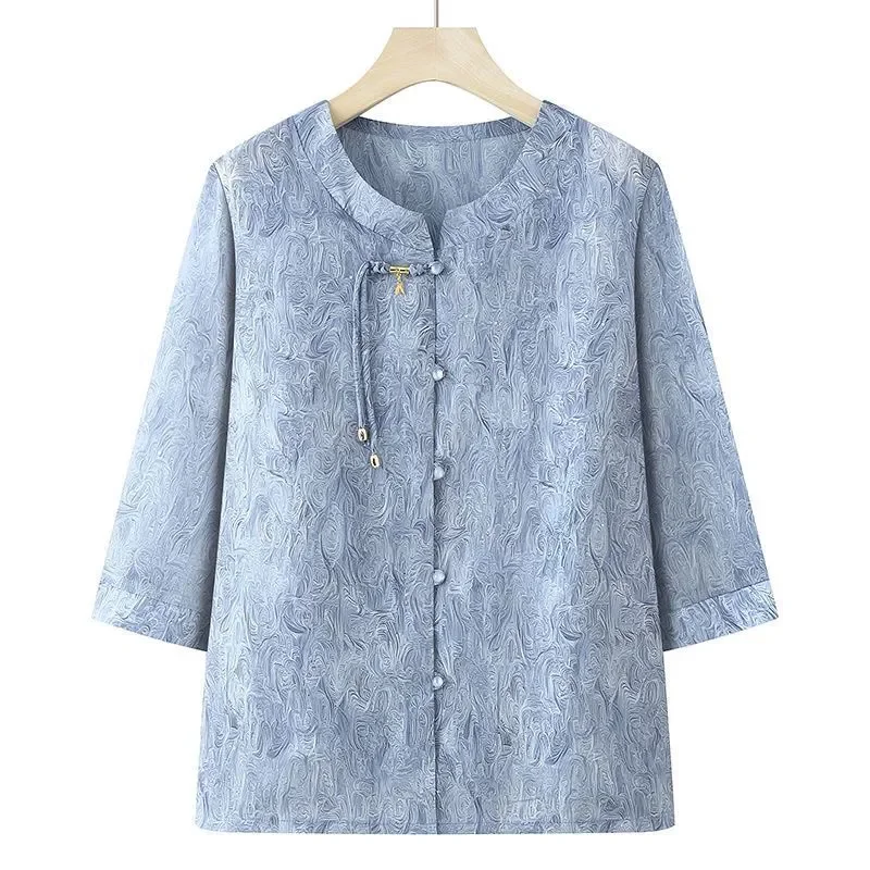 Elderly Women Chinese Style Water Ripple Print Frog Button Three Quarter Sleeve Blouse Summer Mom Grandma Elegant Top M 4XL