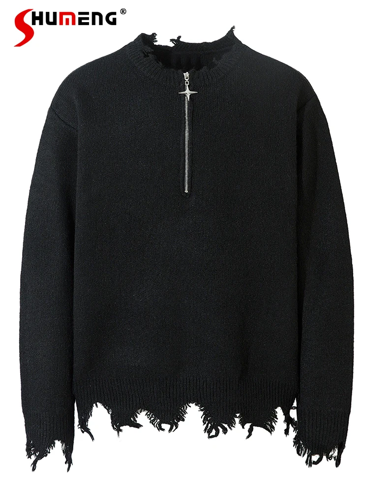 

Fashion Retro Half-Zip Thick Sweaters Men Women 2025 Autumn Winter New Loose Comfort Knitted Tops Round Neck Irregular Knitwears