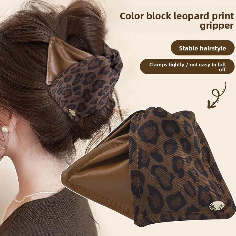 1 Stück elegante, gespleißte dreieckige Haarklammer mit Leopardenmuster, Retro-Haargummi mit Leopardenmuster und Schleife, doppelseitiger Haargummi für den Dickdarm, Kopfdutt