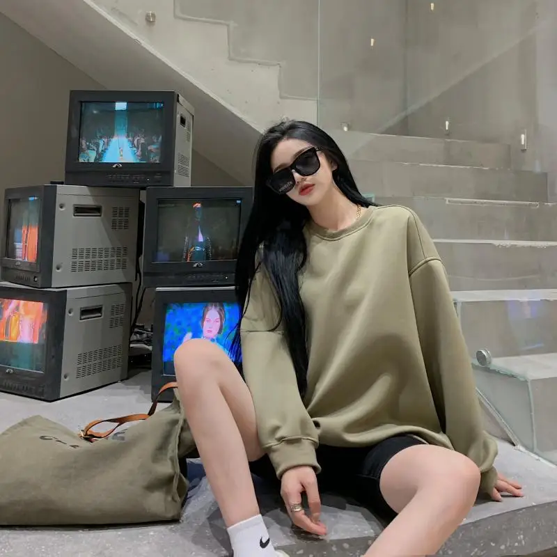 Suéter de mujer estilo otoño manga larga suelto verde cuello redondo Top mujer