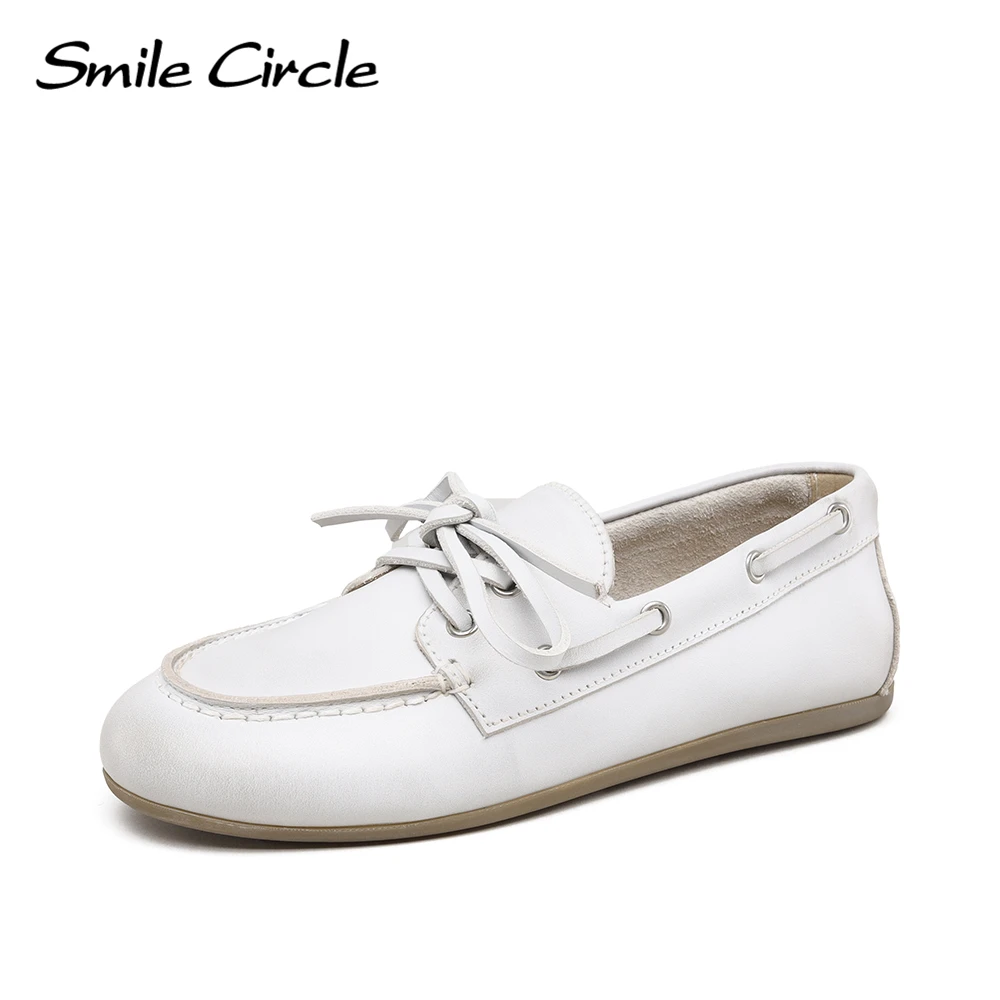 Smile Circle Boat Shoes Women Genuine Leather Loafers Moccasins Lace-up Flat Shoes