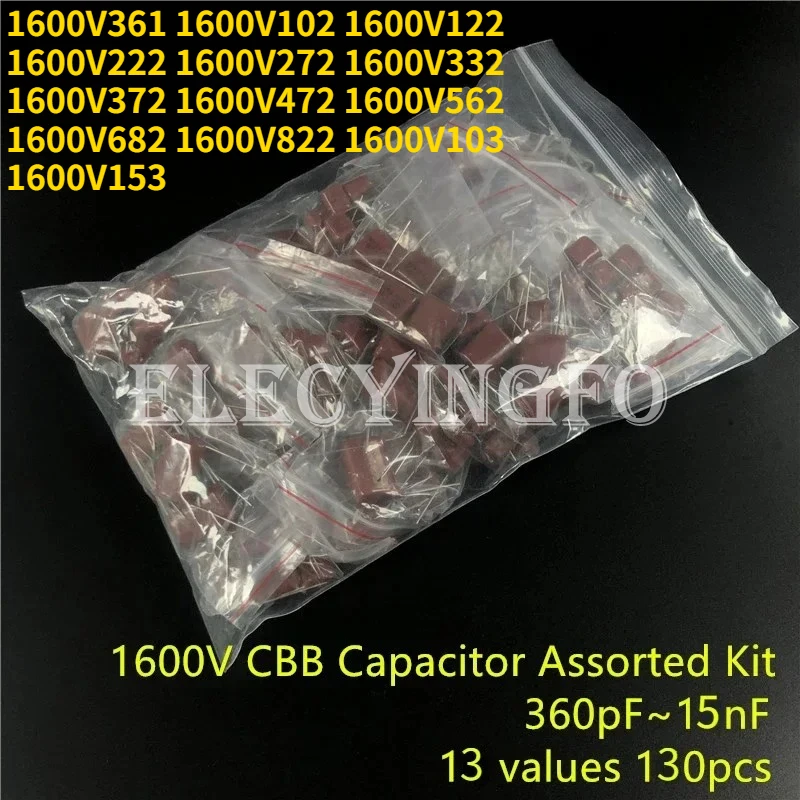 

13Values*10Pcs 1600V 360pF~10nF(361/102/122/222/272/332~153) Total=130pcs CBB Metal Film Capacitors Assortment Kit