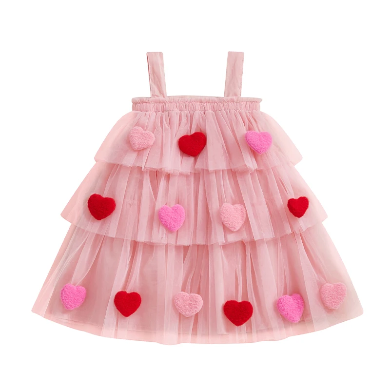 Toddler Baby Girl Valentines Day Outfit 3D Plush Heart Sleeveless Layered Tulle Tutu Dress Suspenders Summer Clothes