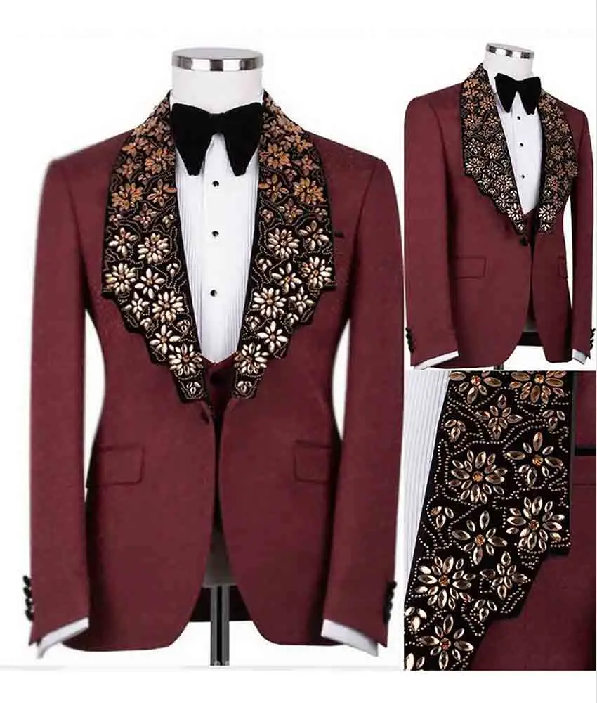 

Luxury Men's 2-Piece Floral Beaded Suit Set Slim Fit for Wedding, Party and Stage Wear, Including Blazer and Pants.