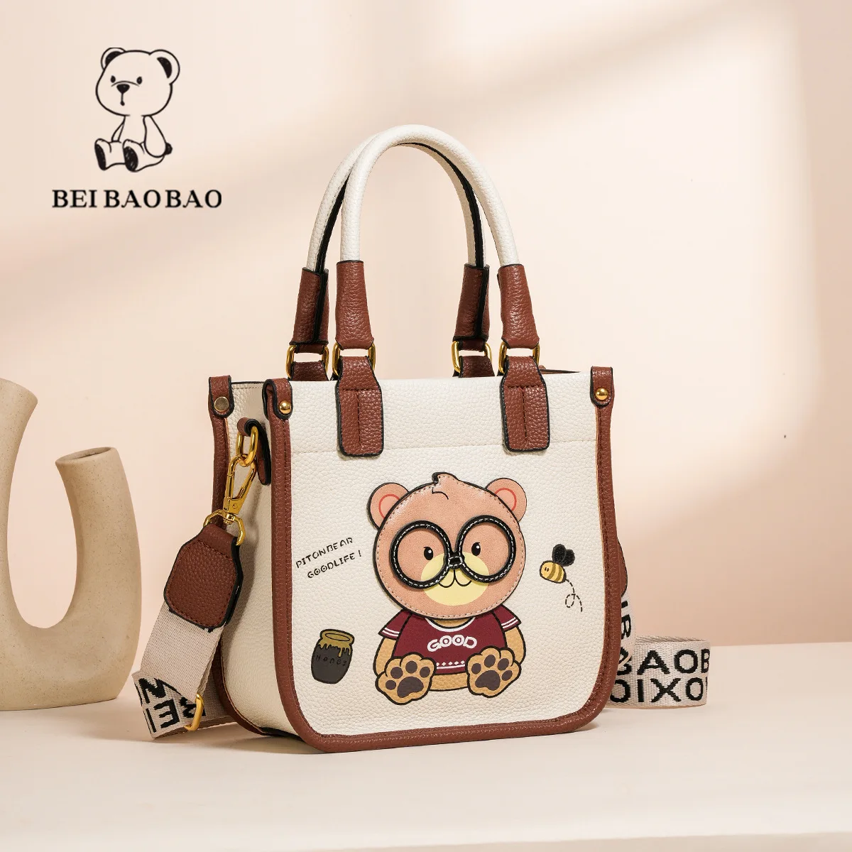 Beibaobao 2024 new trendy shoulder bag with contrasting colors, niche design, cartoon teddy bear bag, women\'s crossbody tote bag