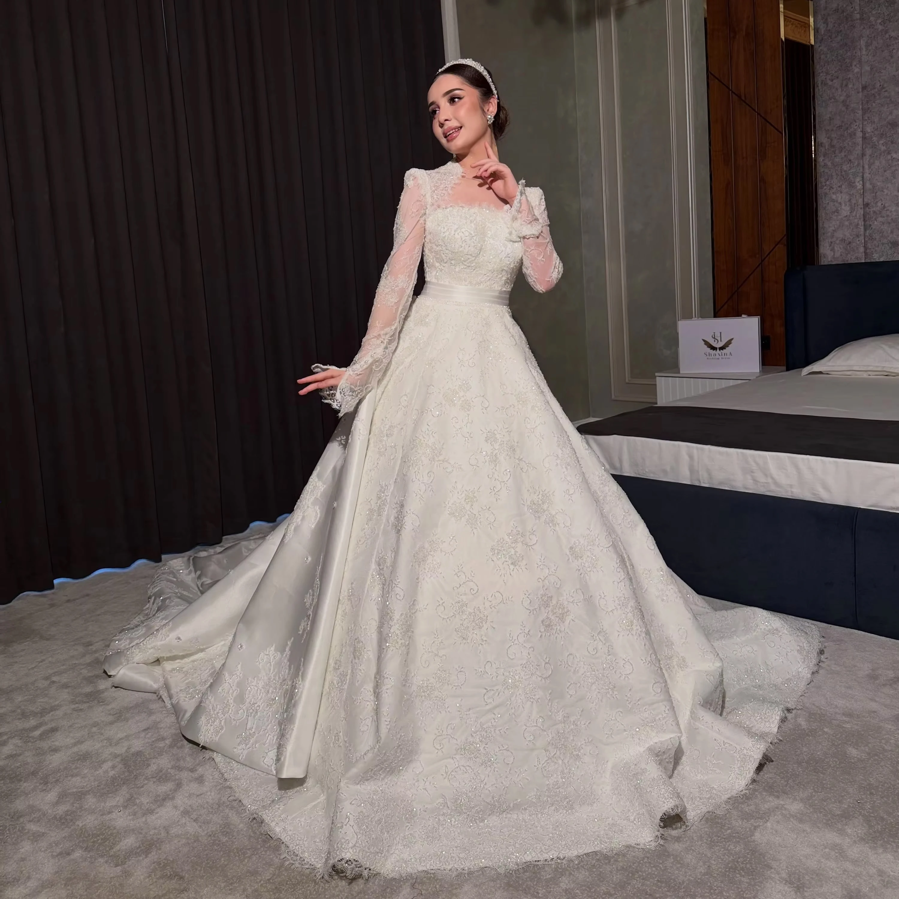 High Neck Long Sleeve Wedding Dresses Lace Satin Big Bow Back Beaded Appliques Cathedral Train Bridal Gown For Bride Customized
