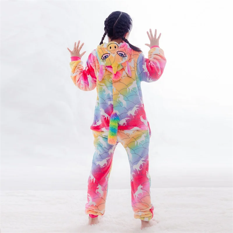 Flannel Colored Unicorn One-piece Pajamas Children Long Sleeve Hooded Loungewear Ankle-length Onesies Kigurumi Cartoon Jumpsuit