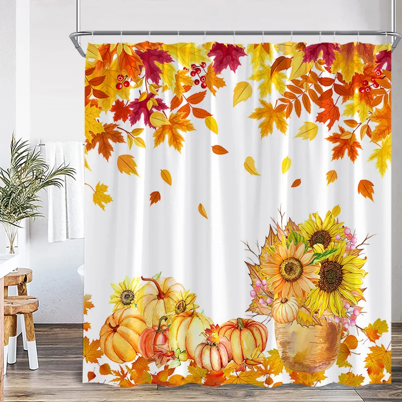 Autumn Pumpkin Shower Curtains Fall Watercolour Plant Leaves Modern Minimalist Polyester Fabric Home Bathroom Decor With Hooks