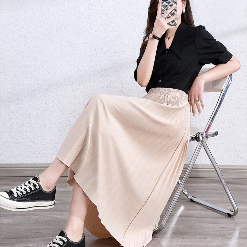 

Hot Sale Trendy Solid Pleated Skirt High Waist Sexy Elastic Skirt Elastic Luxury a-line Elegant Skirts Party