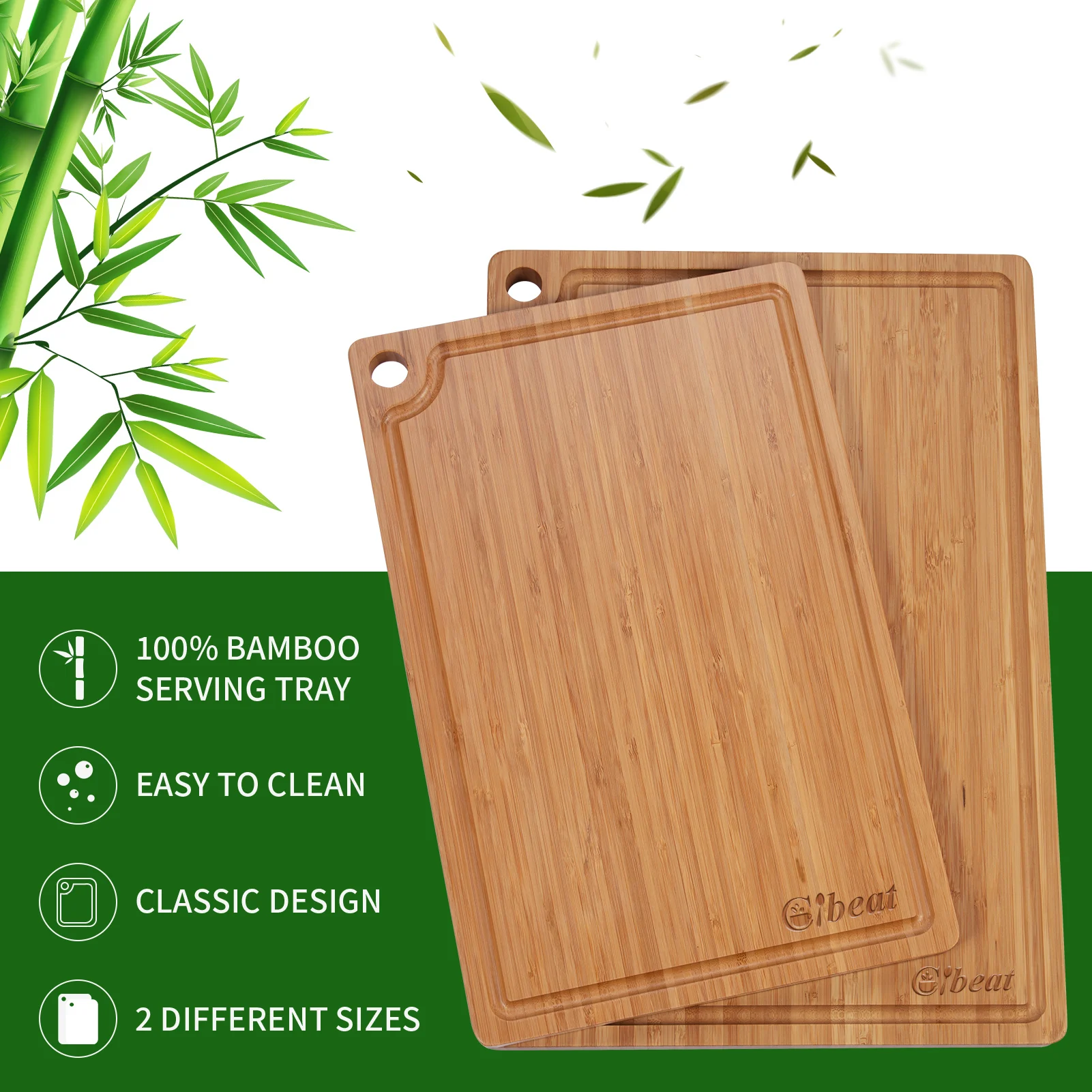 Natural Bamboo Chopping Board, Large Wooden Board for Kitchen, Carving Board with Juice Groove, Chopping Board with Hole