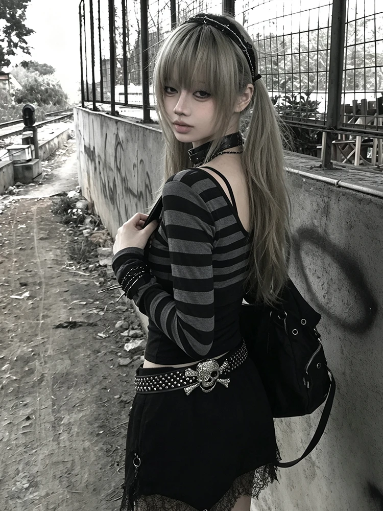 Tonngirls Japanische Y2k Zweiteilige Oberteile für Damen, Langarm Gestreiftes Crop-Top + Ärmelloses Camisole, Amerikanisches Retro-T-Shirt, E-Girl 2000er Jahre – Detail 8