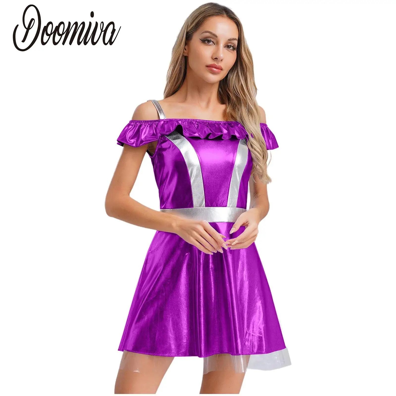 

Women Halloween Space Fighter Costume Alien Dress-up Cold Shoulder Sleeveless Metallic Shiny Tutu Dress for Carnival Party