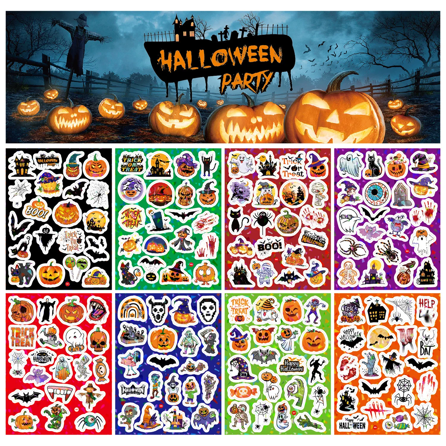 8 Sheets Laser Flash Halloween Stickers 160 Pcs  Laser Holographic Waterproof removable Vinyl Sticker for Halloween Decorations