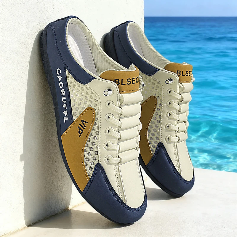 Men's Breathable Mesh Mule Sneakers Summer Slip On Half Slippers Non Slip Driving Shoes Outdoor Casual Backless Loafers