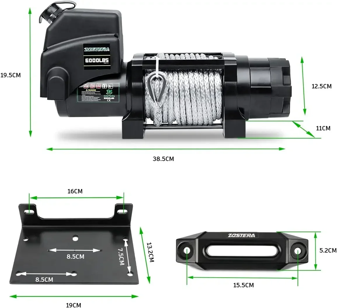 Electric Winch 12v 6000lbs Boat Trailer Winch with Remote Synthetic Rope 1/4 in x 55 ft Hook Wireless Remote Handlebar Switch,