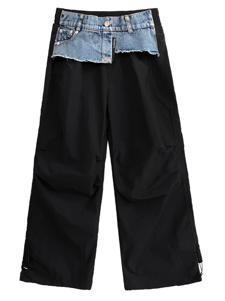 [EAM] High Elastic Waist Black Denim Color-block Long Cargo Pants New Trousers Women Fashion Tide Spring Autumn 2024 1DH4616