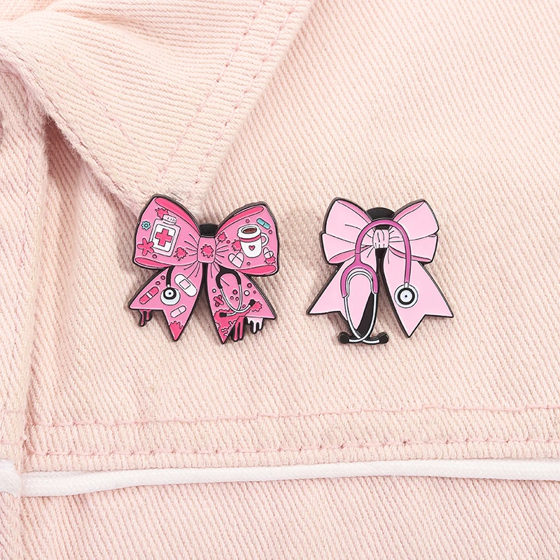 2 Styles Cute Pink Medical Bow Enamel Pin Set, Stethoscope Pill Cross Healthcare Lapel Brooch, Nurse Themed Badge For Nurse Appreciation Birthday Gift & Backpack Decor