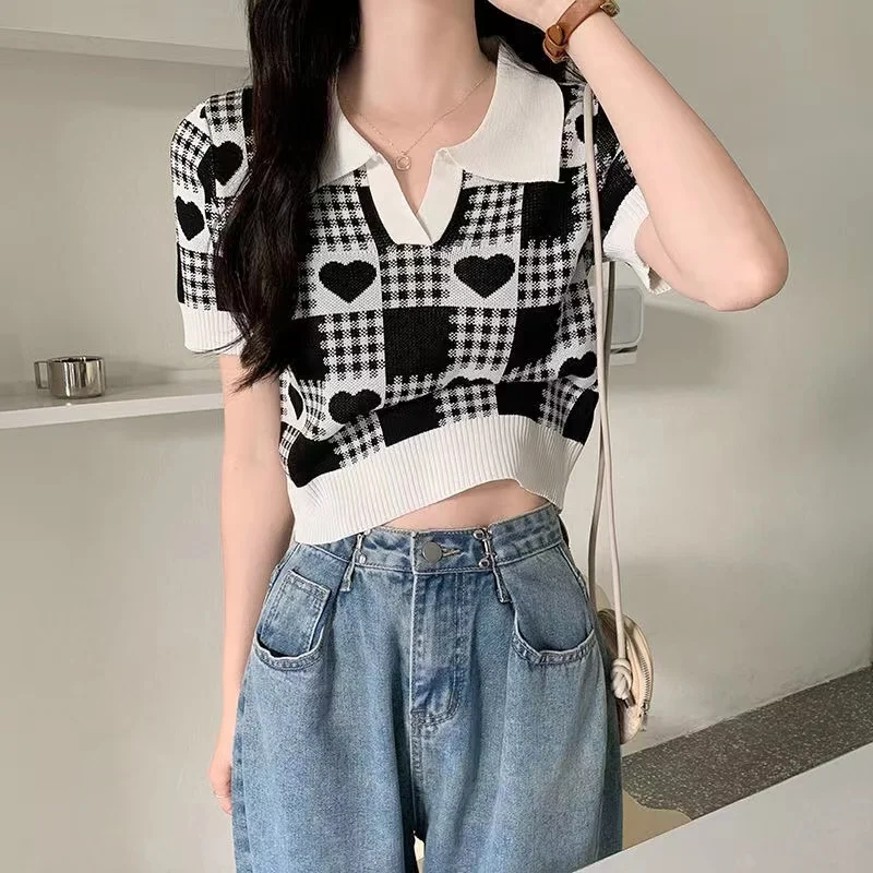 Korean T-shirt Knitted Slim Sweet Turn-down Collar Plaid Love Graphic Preppy Style Pullover Summer Women Tops