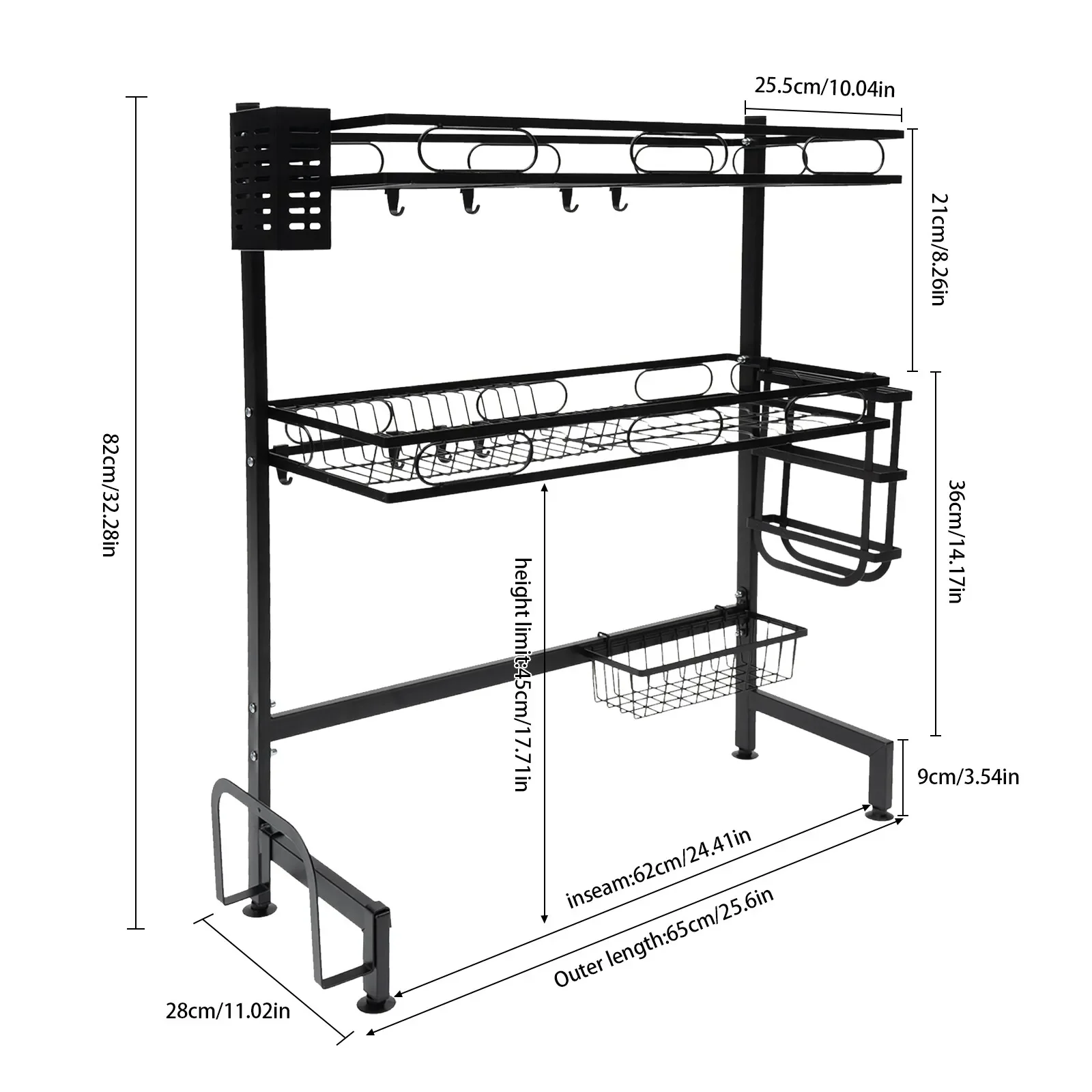 2 Tiers Adjustable Large 24.4'' Dish Drying Rack Large Drainage Over-the-sink Carbon Steel 65*28*82cm