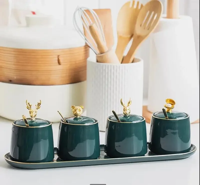 Green Ceramics Spice Jar with Animal Cover Tray Kitchen Supplies Seasoning Bottle Four-piece Suit Seasoning Box Combination