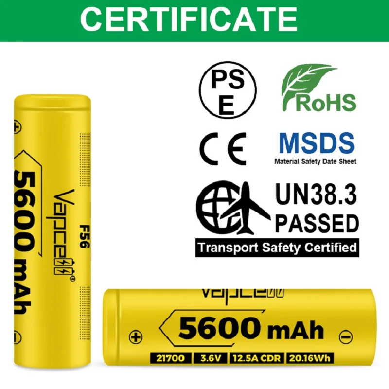New Arrival Vapcell F56 21700 3.7V 5600mAh 12.5A similar as M58 21700 Cell For flashlight Rechargeable Li-Ion INR21700 Battery