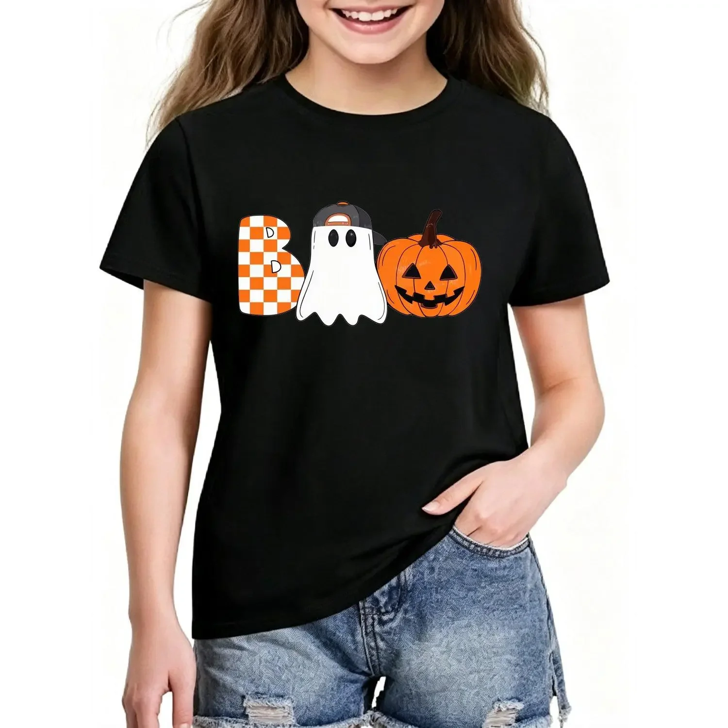 Checkerboard Pumpkin Halloween Print Girls T-shirts with Breathable Skin Friendly Fabric and Fashionable Designs Suitable for Teenagers Versatile Daily Wear Ideal as Gifts for Back to School Halloween and Various Festivities