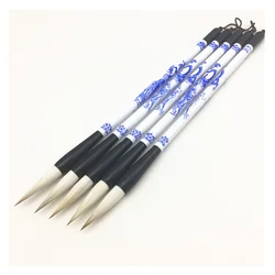 Juego de pinceles de aluminio y porcelana azul y blanca, pincel de comadreja Tradicional China para caligrafía, Couplets, pintura de lavado de tinta, 3 piezas