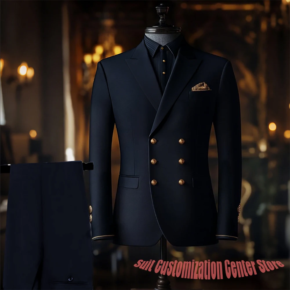 

Gentleman Suit 2 Piece Slim Fit Double Breasted Wedding Groom Deep Navy Blue Tuxedos Peak Lapel Banquet Prom Costume Homme