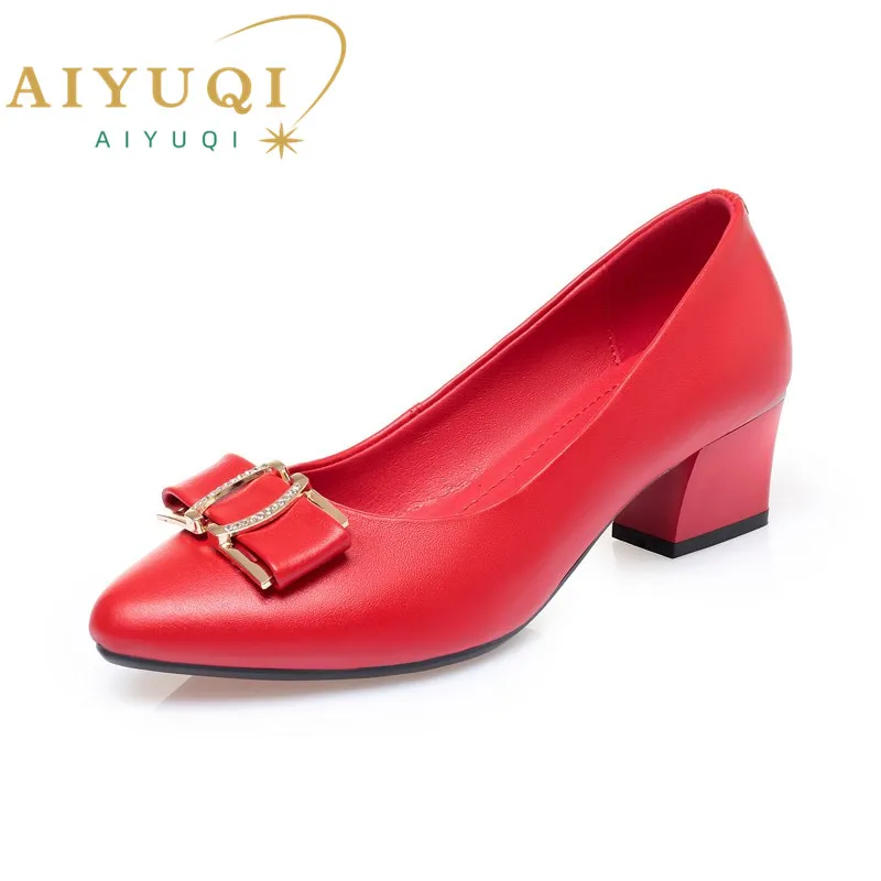 AIYUQI Women\'s Shoes Autumn 2024 New Mid-heel Female Work Shoes Pointed Toe Professional Genuine Leather Female Party Shoes