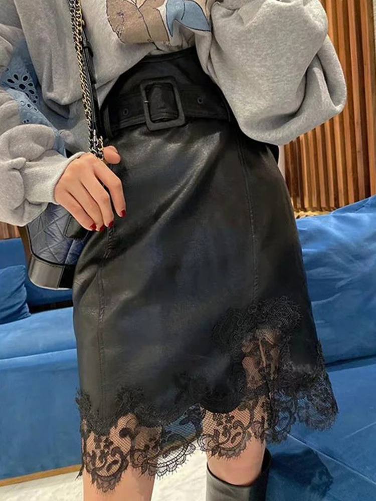 

Women Sexy Lace Mesh Vintage Leather Skirt Autumn New Streetwear Black Casual Belt Split Design Short Style Prom Skirt