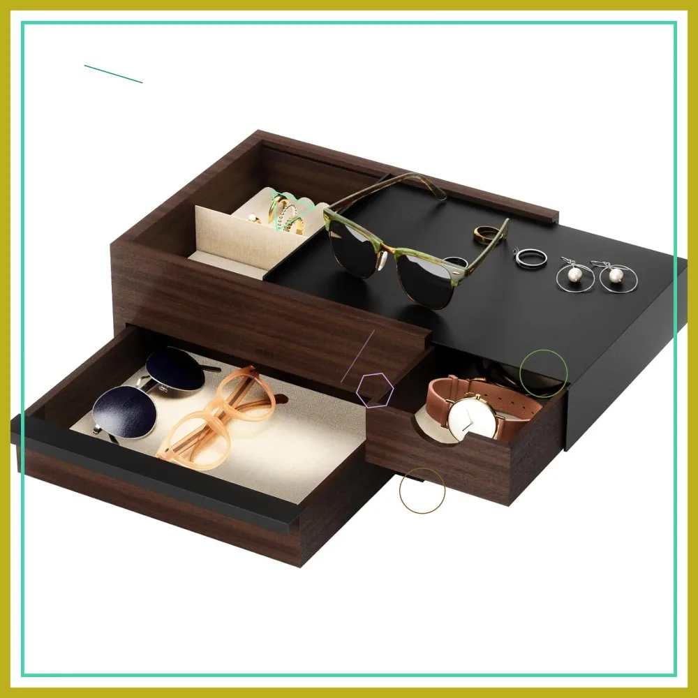 

Modern Jewelry Box with Hidden Compartments for Rings, Bracelets, Watches, Necklaces, Earrings and Accessories in Black/Walnut