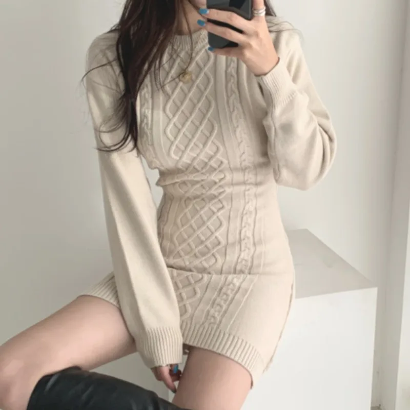 Women\'s Knitt Dress Autumn/Winter Round Neck Sexy Wrapped Hip Dress Korean Fashion Slim Open Back Dresses