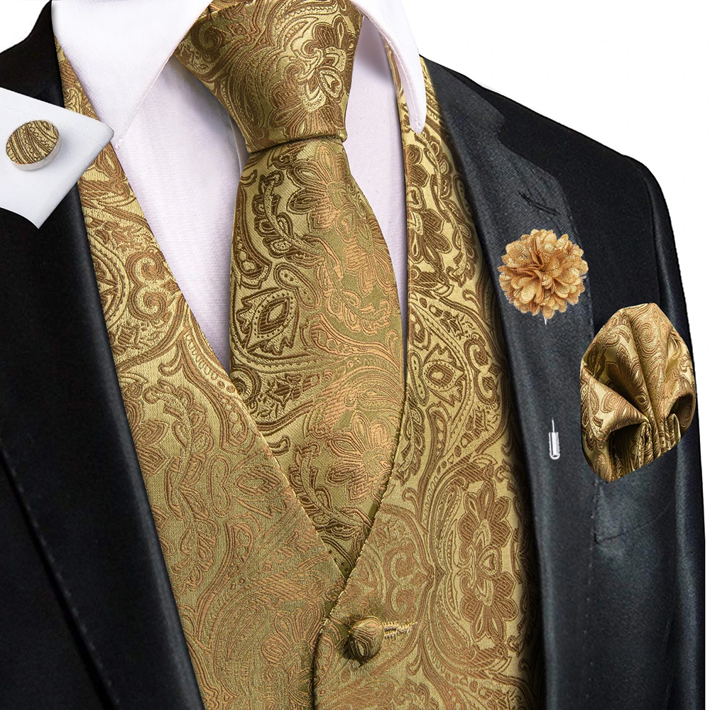 Hi-Tie-chalecos de seda Jacquard para hombre, conjunto de gemelos, broche, corbata, pañuelo, marrón, rojo, negro, verde, azul, regalo Formal de negocios de boda