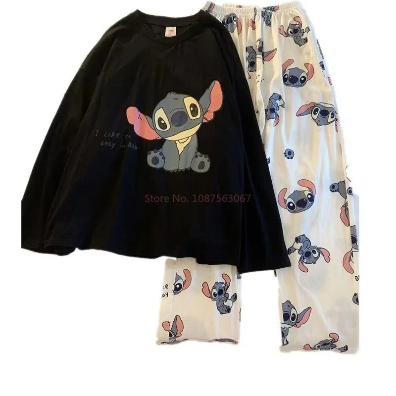 Hot Disney Stitch Anime Pajamas Leisure Wear Lilo & Stitch New Long-Sleeved Trousers Two-Piece Set Women Girl Home Wear Autumn