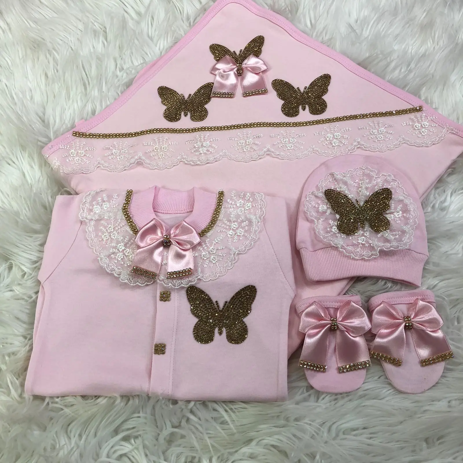 女の赤ちゃん-4-個セット-バタフライ-レース-ロンパース-セット-ソフトで通気性のあるコットン帽子-手袋-ブーティ-0-9-ヶ月-日常着